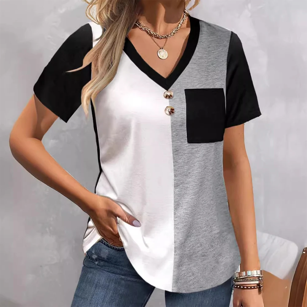 Magliette a maniche corte da donna Colorblock top Streetwear Casual Pocket Print camicia con scollo a v Button Fashion Tees abbigliamento donna