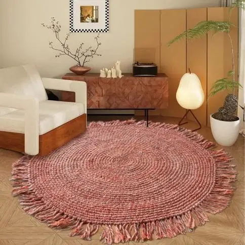 

Vintage Round No Glue Carpet Cotton Woven Chair Floor Mat Tassel Living Room Bedroom Round Rugs Ethnic Bedside Retro Blanket