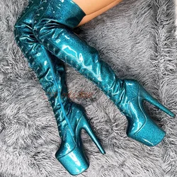Super High Heels Platform Boots Shiny Leather Side Zipper Over The Knee Boots Round Toe New Style Cross Tied Women Winter Shoes
