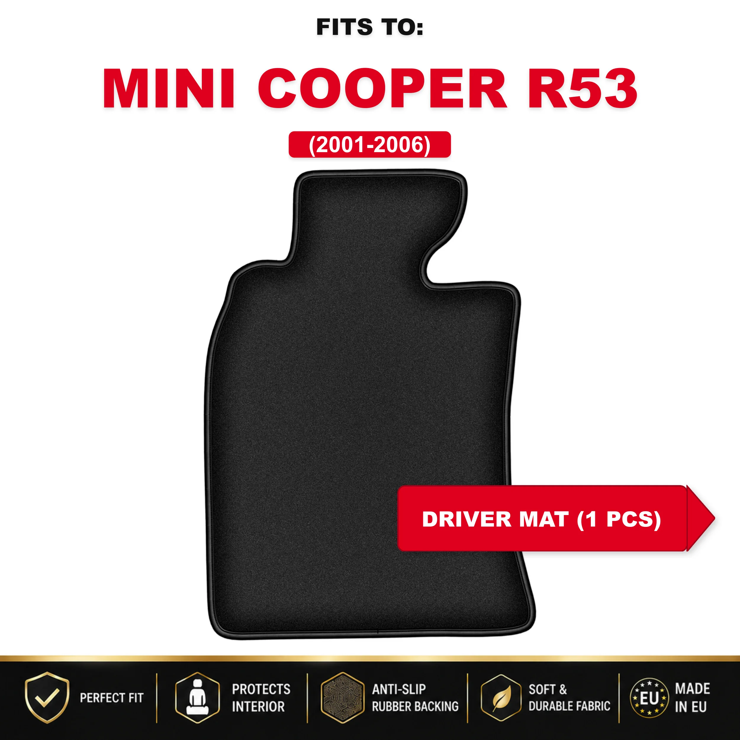 Zwart velours bestuurderskleed voor: Mini Cooper R52 2004-2008 hatchback auto vloermat 1 stuk onder bestuurdersbeen passend