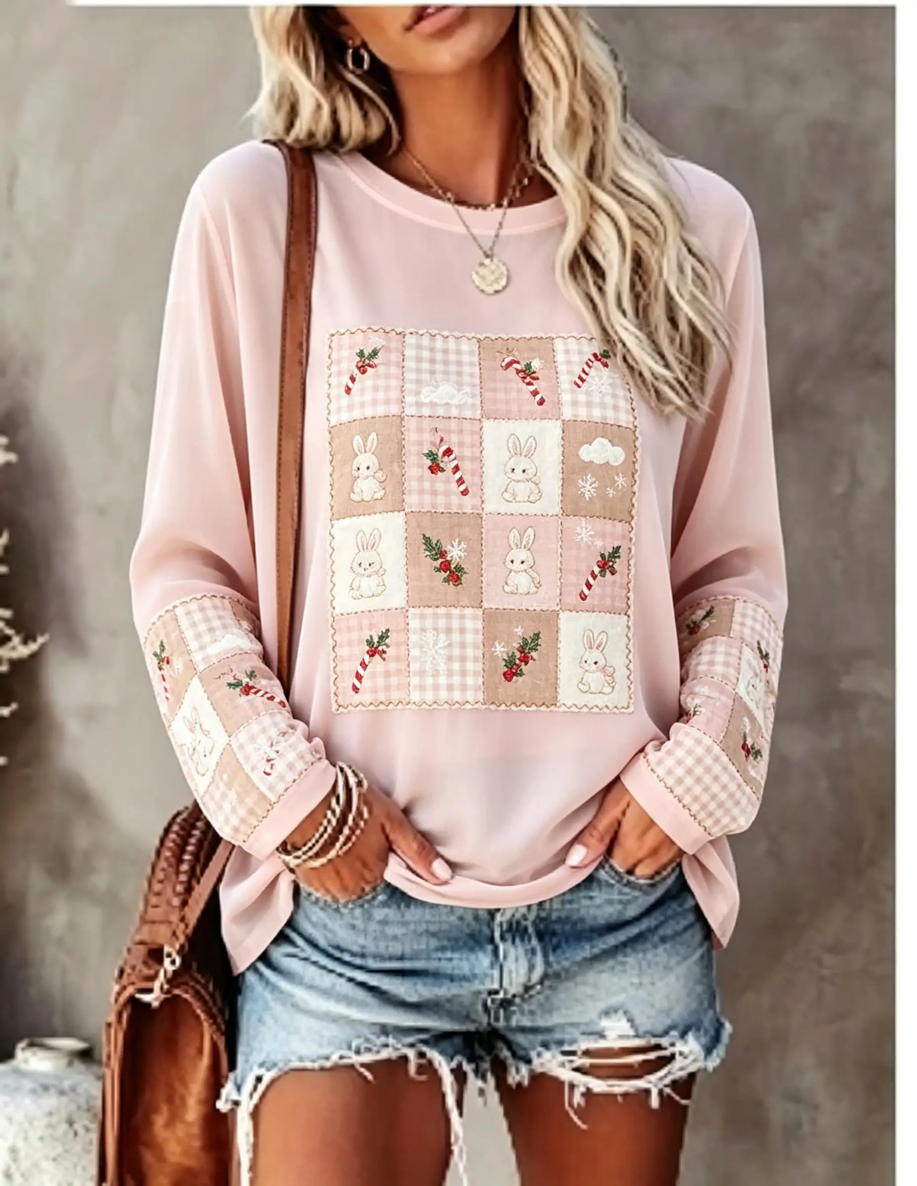 Women Long Sleeve T Shirt Deer Squirrel Patchwork Plaid Wreath Pinecone Snowflake Print Crew Neck Casual Fall Tops