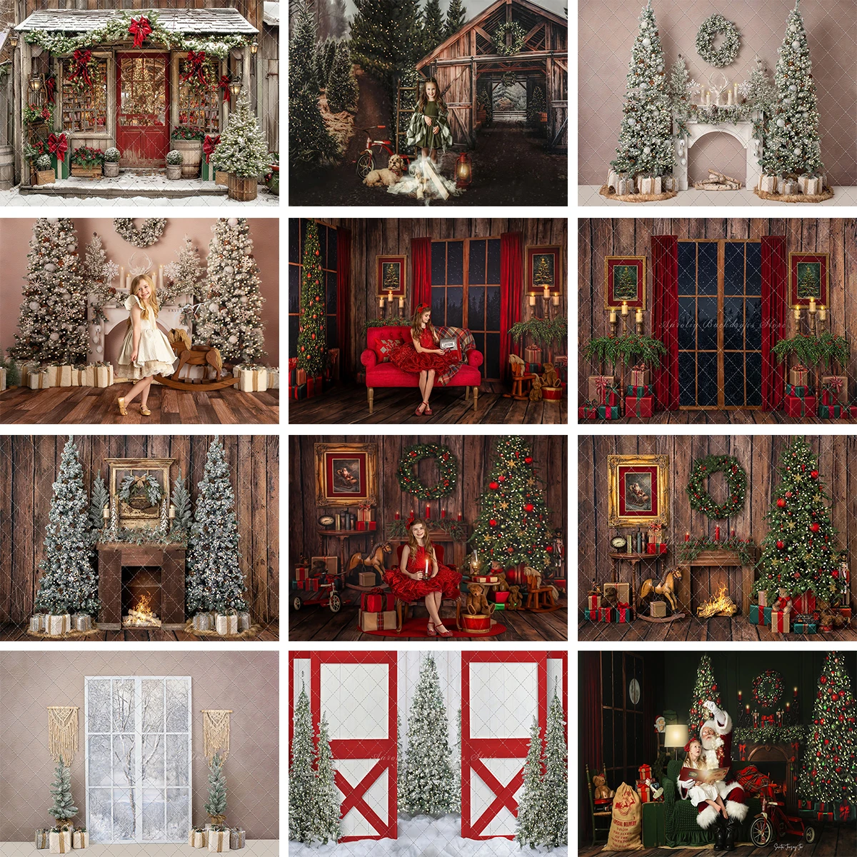 

Merry Christmas Winter Forest Backdrop Boho Fireplace Window Kids Baby Cake Smash Photography Props Studio Backgrounds