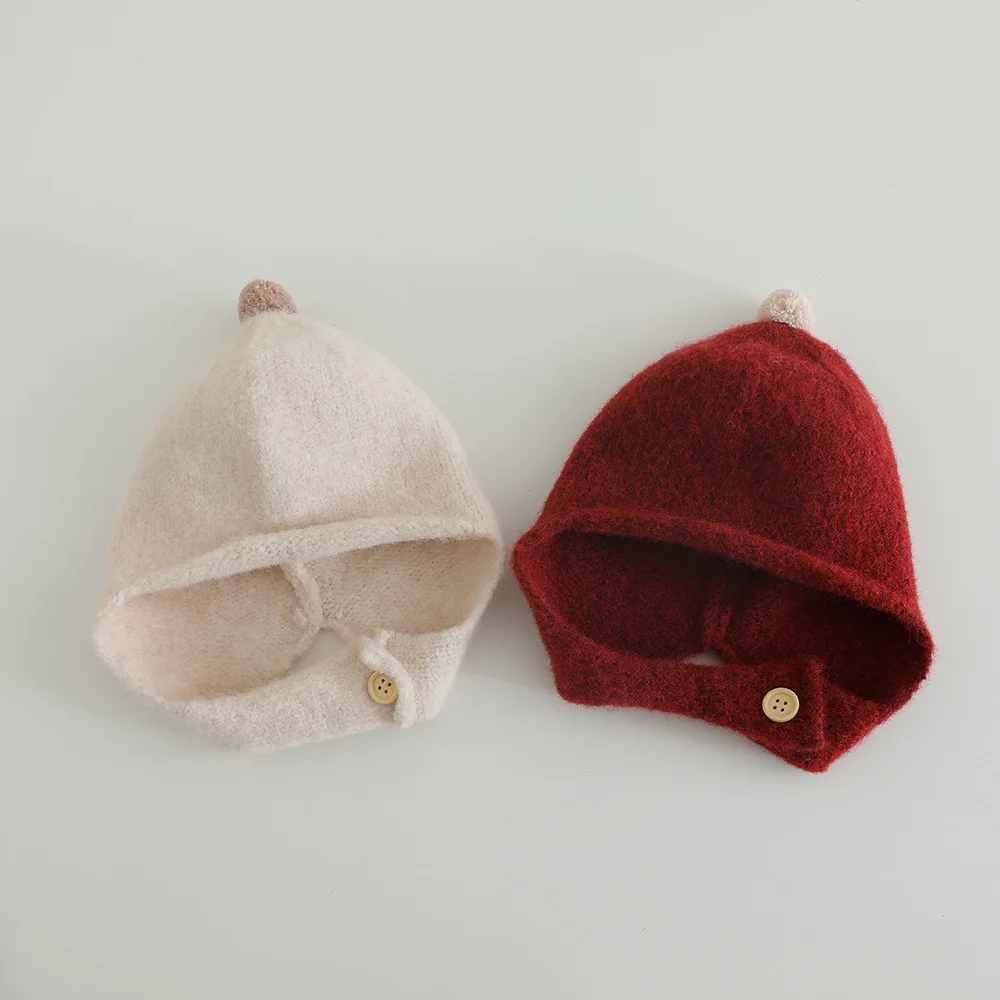 Baby Autumn Winter Knitted Warm Hat 48-50cm With Pom Pom Ear Flap Windproof Beanie Hats Newborn Infant Cap Soft Cute Cold Caps