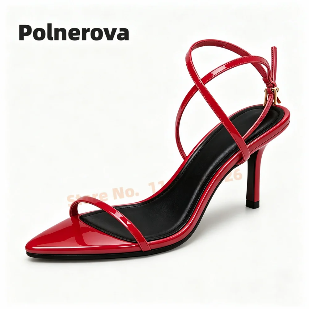 Elegant Women Stiletto High Heel Sandals Patent Leather Pointed Toe Thin Ankle Straps Summer Evening Club Party Wedding Shoes