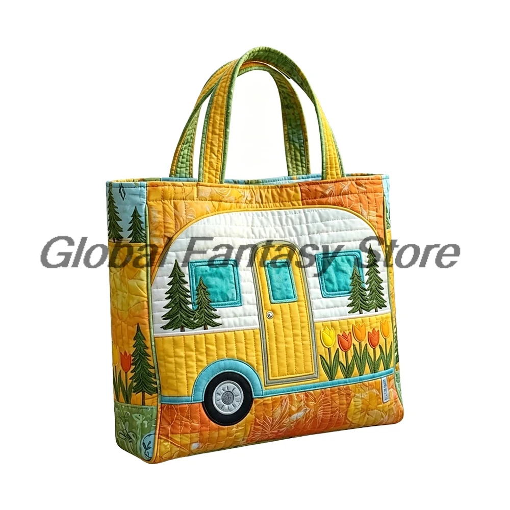

Camping Bus Quilted Tote Vintage Patchwork Travel Tote Casual HandBag Men Women Daily Shopping Bags