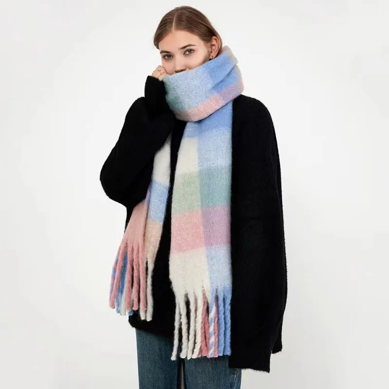 Autumn Winter Candy Color Women Scarf Scarf Korean Fashion Vintage Casual Stripes Lady Long Warm Thick Shawl Wrap Hijabs Scarves