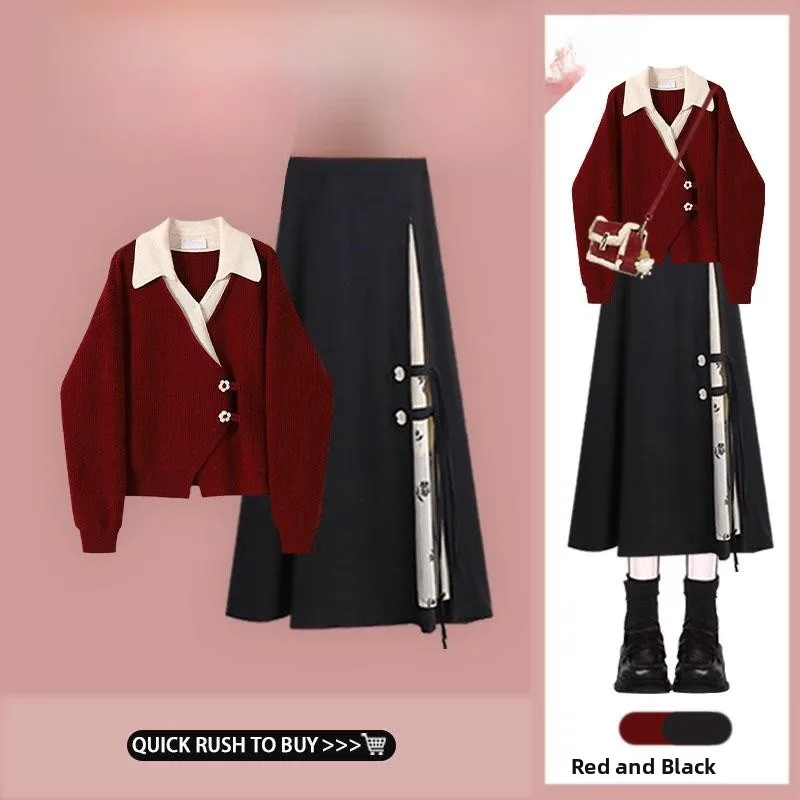 

Spring 2026 Women's Knitted Sweater Cardigan Floral Print f Skirt Set New Chinese Sle Splicing Fake Two-Piece Ensemble