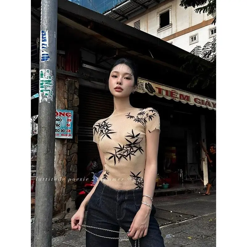 Vintage Harajuku Y2k Crop Tops Sexy Slim T-shirt Women Ink Print Short Sleeve Summer Design Mesh Elastic Short Top Streetwear