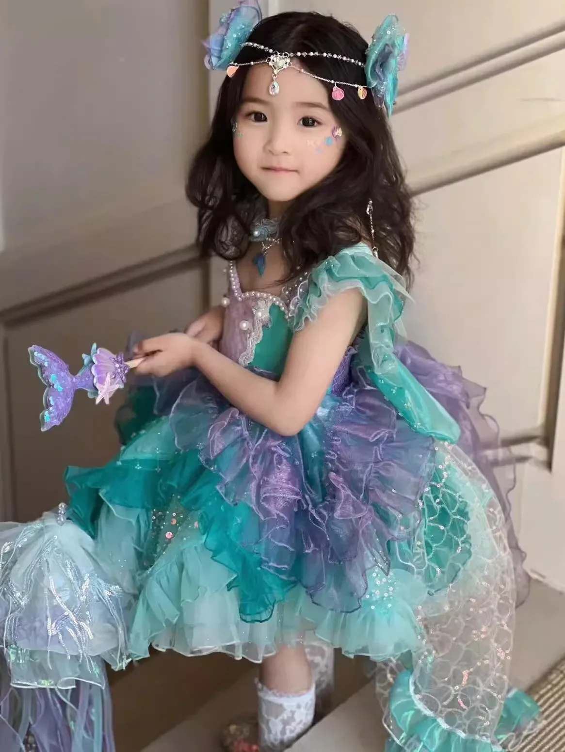 Girls Princess Dress Heart Neckline Puff Sleeve Ruffled Tiered Tulle Sequined Embellished Formal Party Pageant Costume