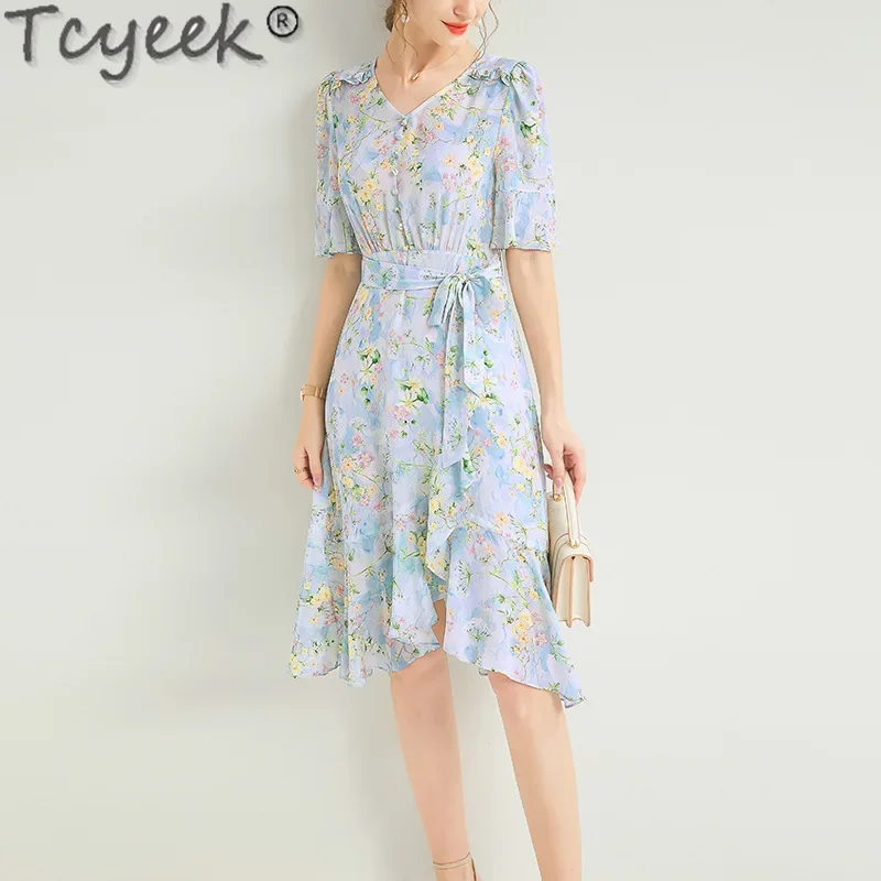 

Tcyeek 100% Mulberry Silk Womens Dresses Summer Clothes Elegant Women's Dresses Fashion High Waist Dress 2024 Vestidos De Mujer