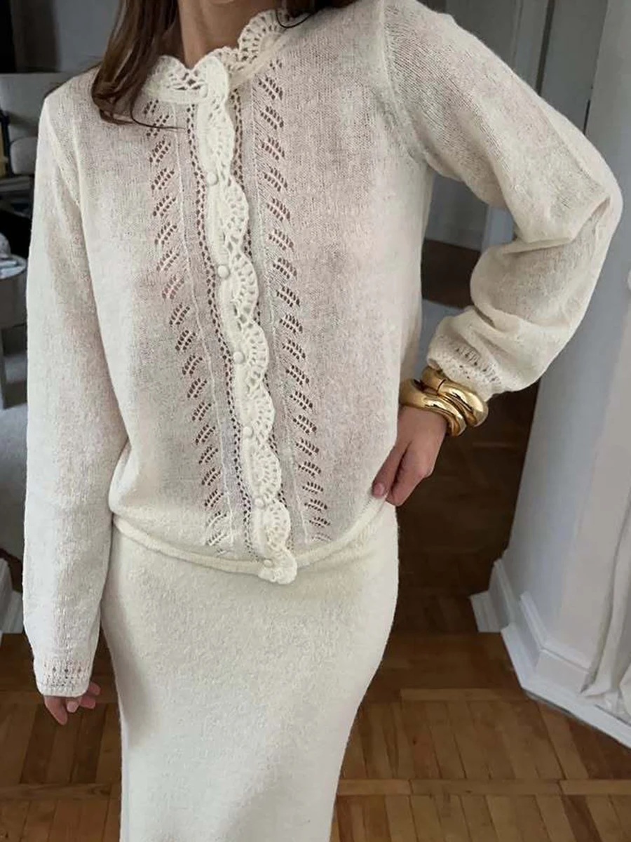

Solid Hollow Out Cardigan Sweater Women Ruffle O Neck Button-up Long Sleeve Jumper Top Autumn Casual Simple Sheer Knit Outerwear