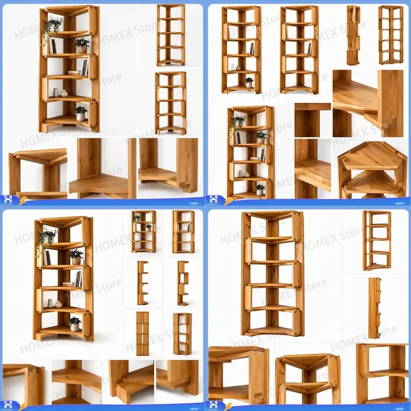 Wooden Corner Bookshelf Floor Standing Display Rack Home Office Library Storage Shelf Modern Minimalist Furniture Organizer