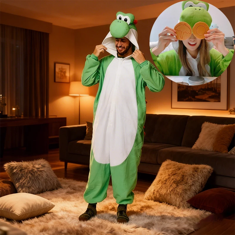 

Super Mario Bros Yoshi Onesie Pajamas Winter Warm Nightgown Carnival Party Role Play Props Halloween Cosplay Jumpsuit Costume