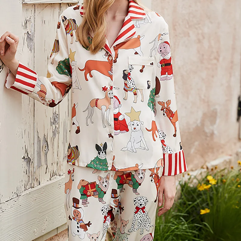 Women's Spring and Autumn Long Sleeved Top and Pants Suit Print Collar Imitation Silk Girls Female Home Pajama Set