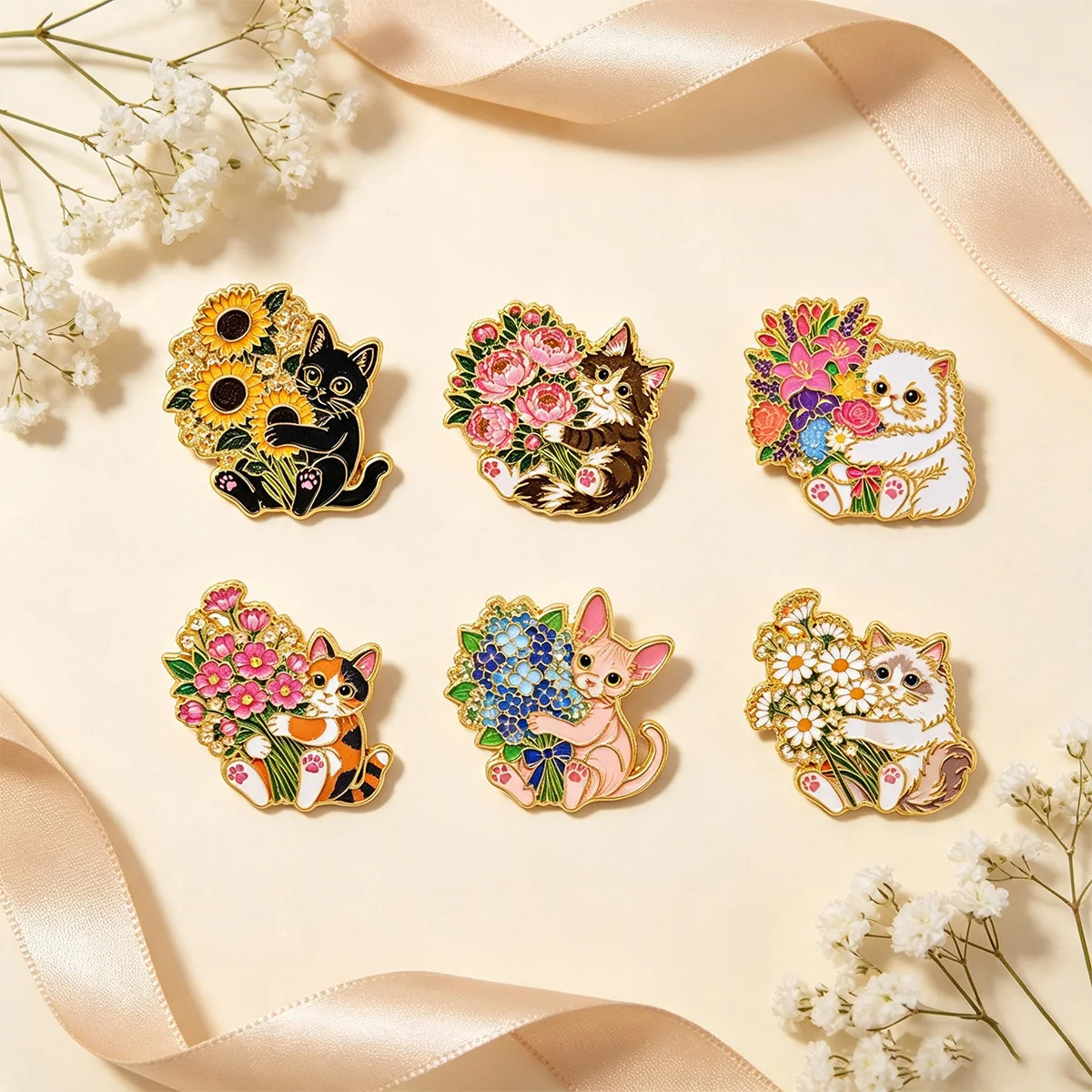 12pcs/Set Flower Bouquet Cat Enamel Pin Colorful Mixed Cat Brooches Badges on Backpack Brooch for Clothes Jewelry Pet Lover Gift