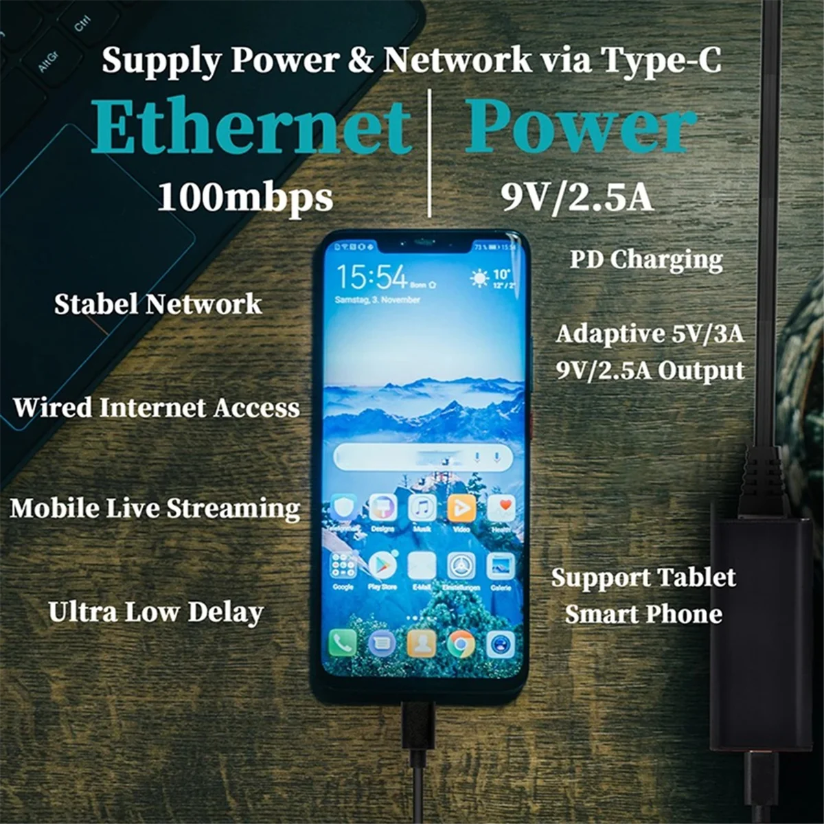 

【New&User-Coupon!】25W PoE to TypeC Adapter Converter, PoE to USB-C Power Output with Ethernet, 5V/9V/12V/15V/20V Adaptive Output
