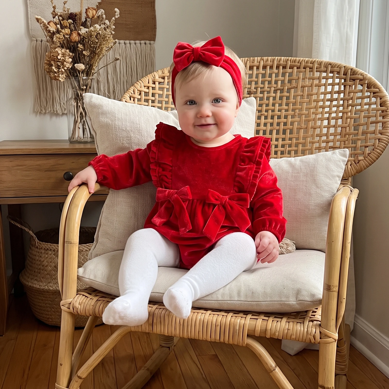 Baby Girl Velvet Romper Ruffle Sleeve Bow Front Long Sleeve Bodysuit with Headband Newborn Christmas Party Outfit Clothes