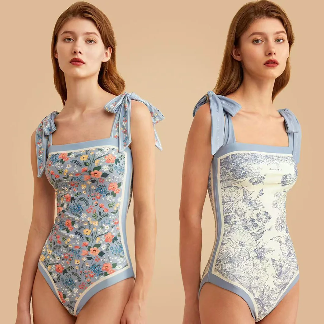 Double-Sided Printed One-Piece Swimsuit Retro StyleLight and Fresh Racerback Strap One-Piece Swimsuit
