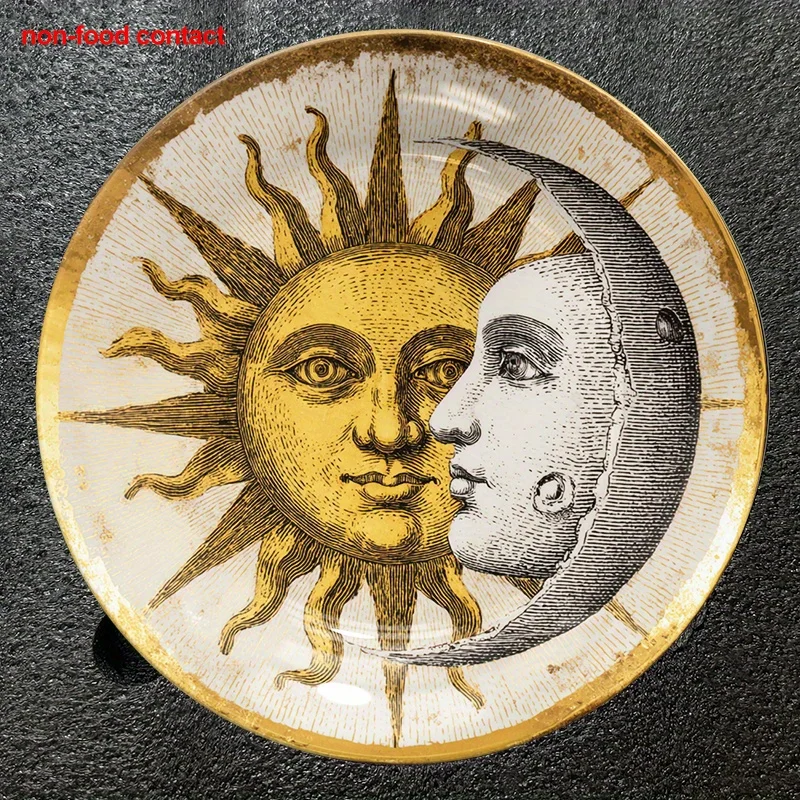 1pc Sun and Moon Ceramic Decorative Plate, 8 Inch Round Vintage Style Wall Hanging Art Plate for Home Decor, Unique Gift for