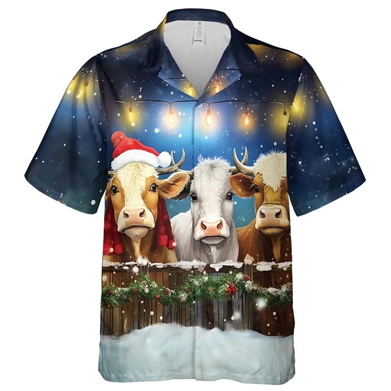 

Xmas Vibes Корова Рубашки с 3D принтом для мужчин Одежда Любитель коровы Рождественские подарки Повседневная мужская рубашка с коротким рукавом Милый дизайн Мужская уличная одежда