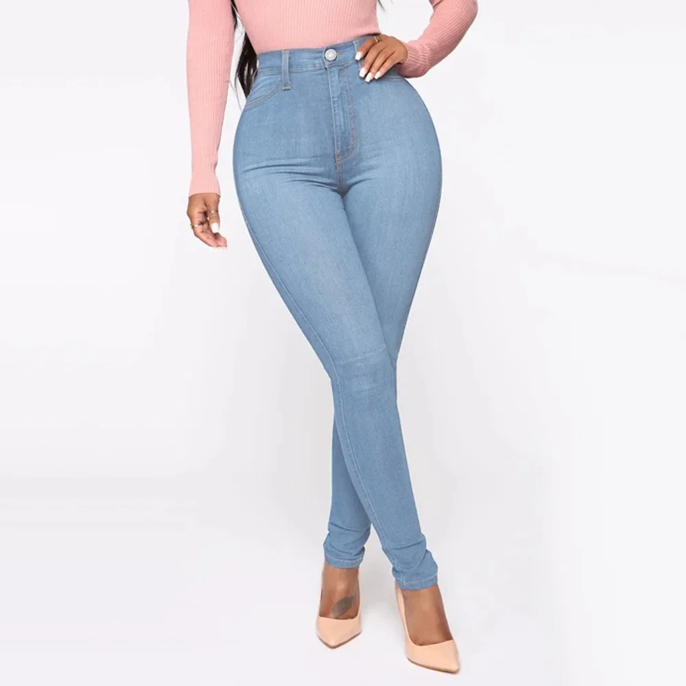 High Waist Women's Jeans Stretch Skinny Denim Pants Blue Retro Washed Elastic Slim Pencil Trousers