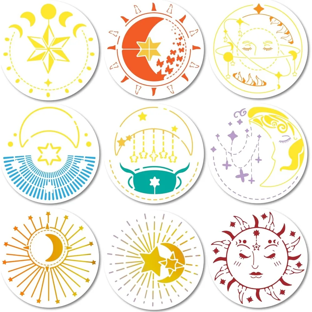 

9 Styles Tarot Theme Stencil 11.8inch Reusable Sun Moon Phase Star Pattern Drawing Template Plastic Large Hollow Out Stencils