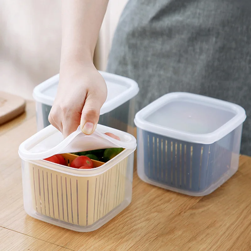 1PC 2Grids Food Fruits Vegetables Storage Box Kitchen Ginger Garlic Box with Drain Basket for Kitchen Fresh-keeping Food Storage