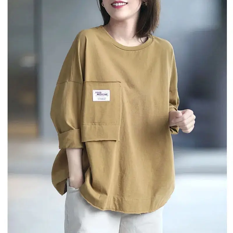 

Fashion Label Pocket Pullovers Women Korean Casual Loose Tops Spring Autumn Trend Solid Color T-shirt Y2k Pullover Womens Tops