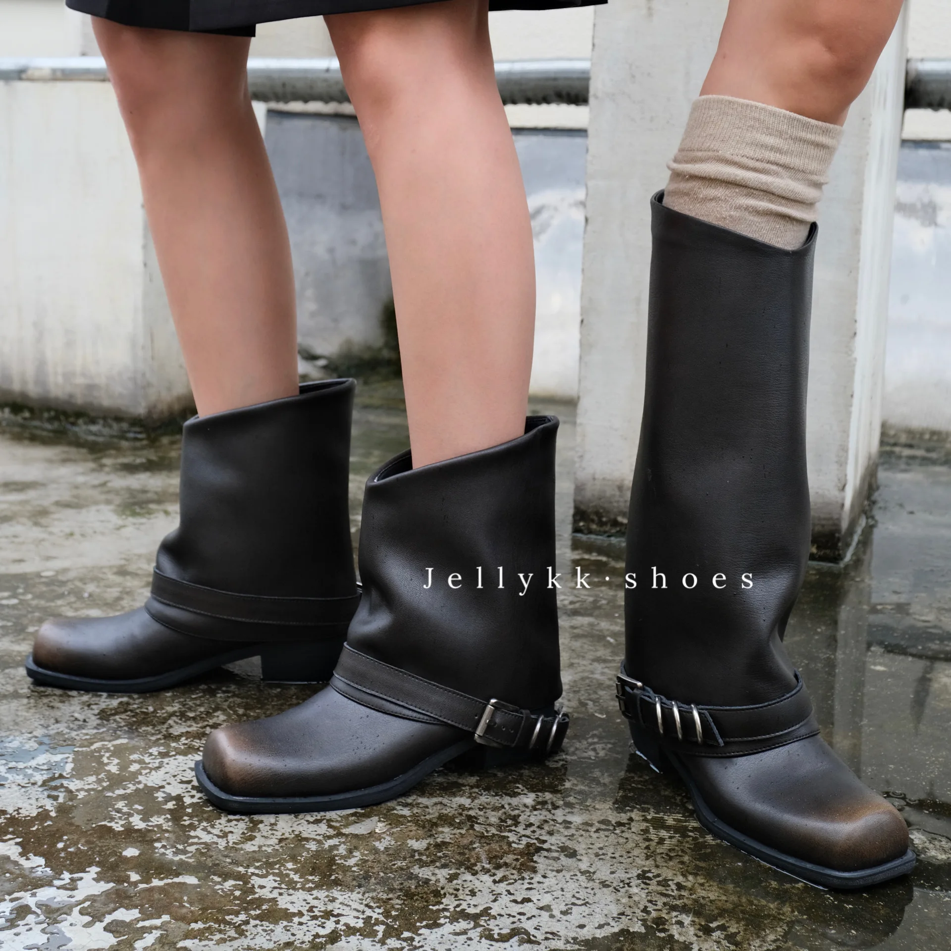 

TOPHQWS Autumn Winter Cowhide Women's Boots 2025 Vintage Western Denim High Boots Casual Square Toe Platform Ladies Ankle Boots