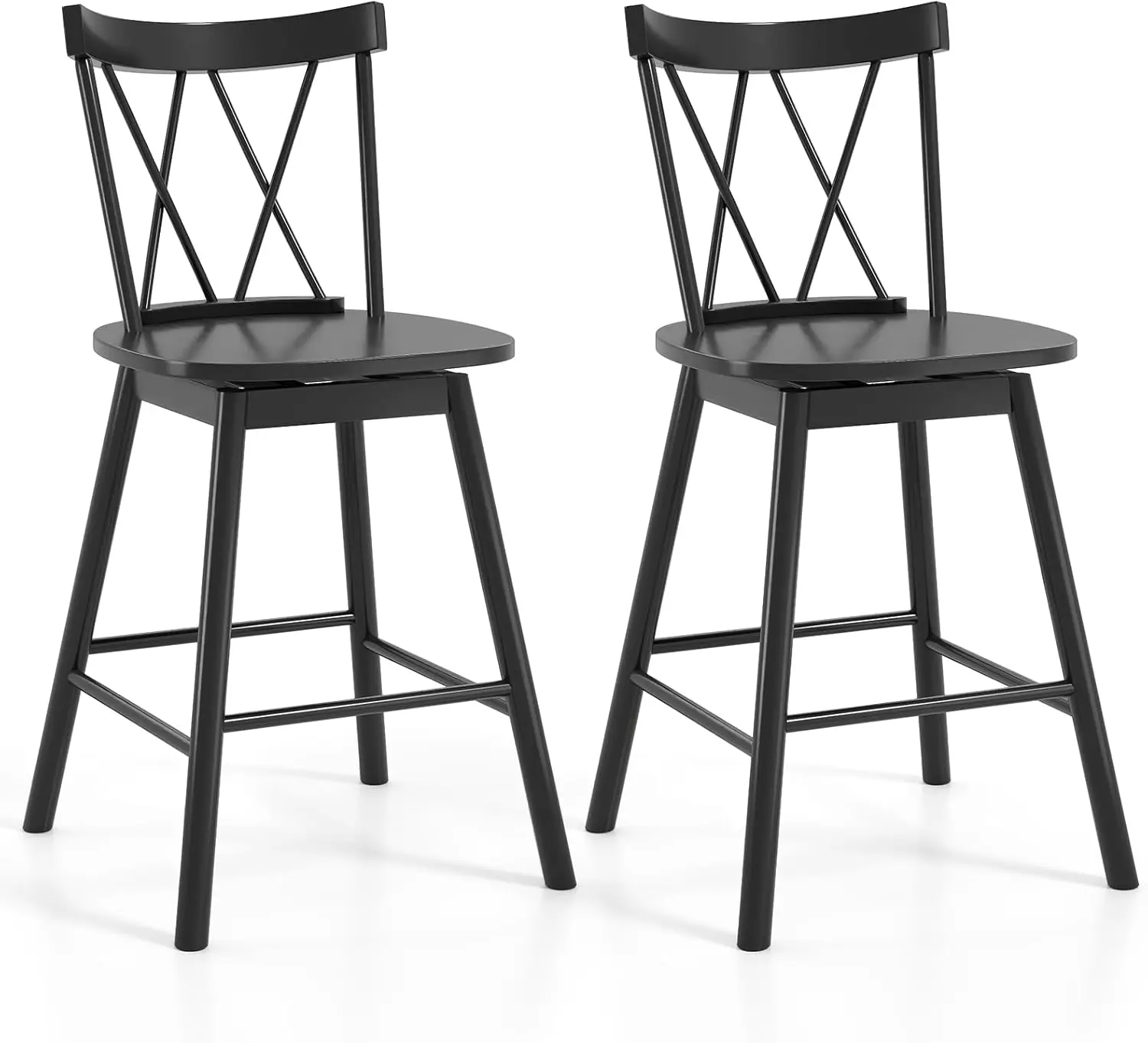 

Windsor Bar Stools Set of 2, 24" Swivel Counter Height Bar Chairs with Cross Back, Footrests & Spacious Seat, Farmhouse