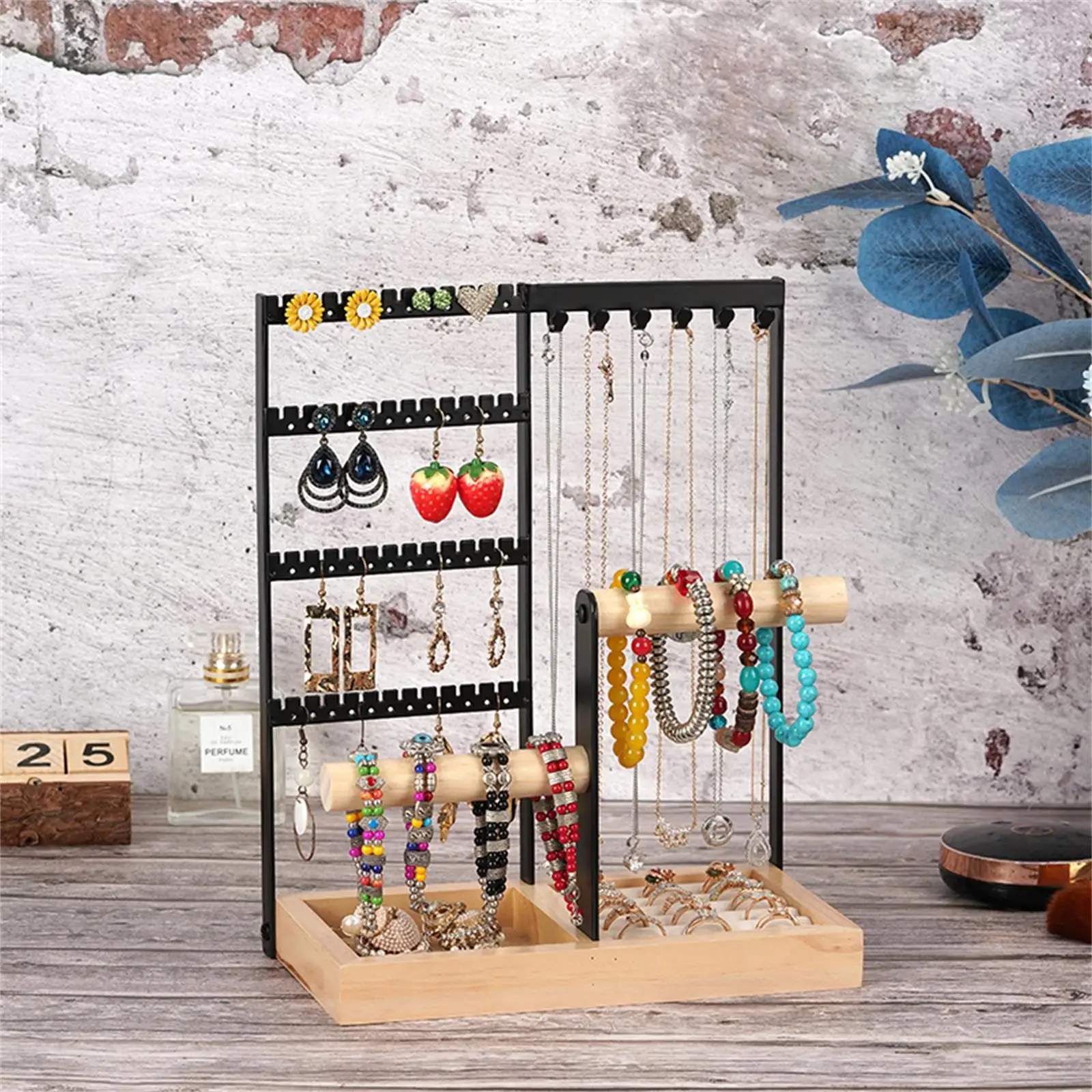 

1pc Support Frame Jewelry Stand Holder Two Axes 28 X 22.5 X 12 Cm Black Four Layers Wood Iron Biaxial