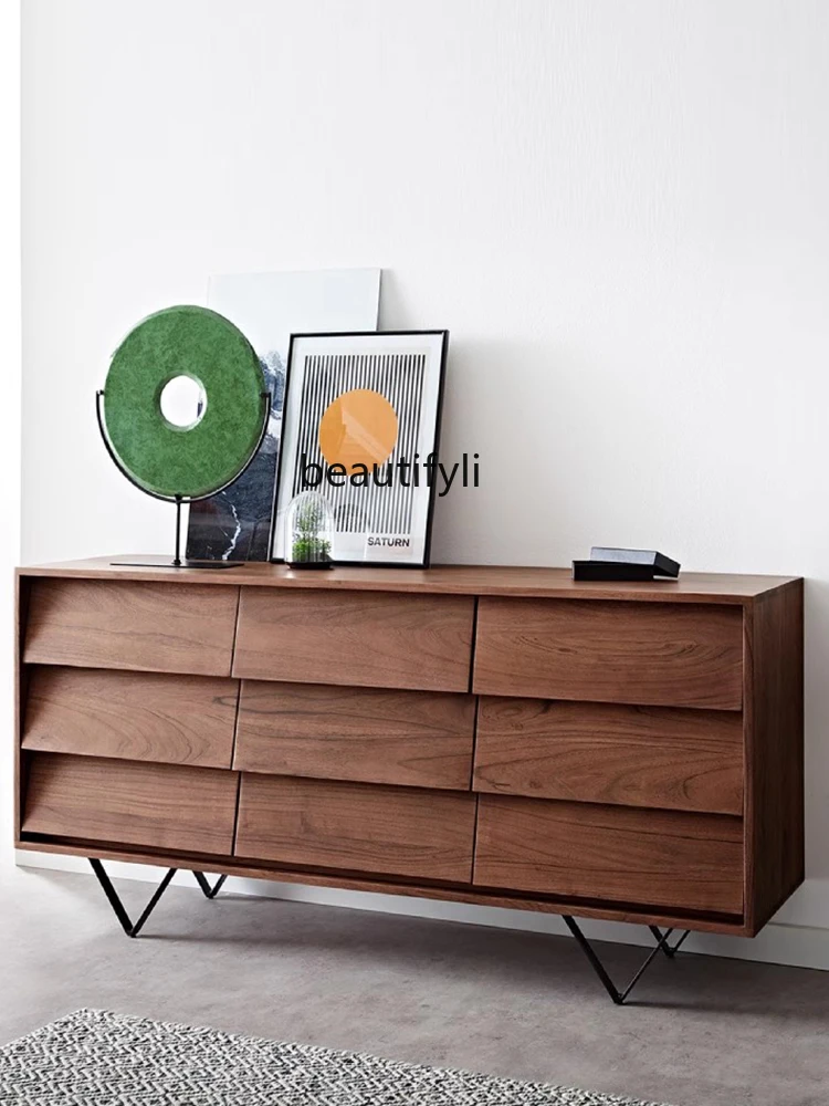 

Retro creative chest, bedroom solid wood storage cabinet, Nordic black walnut modern simple drawer cabinet