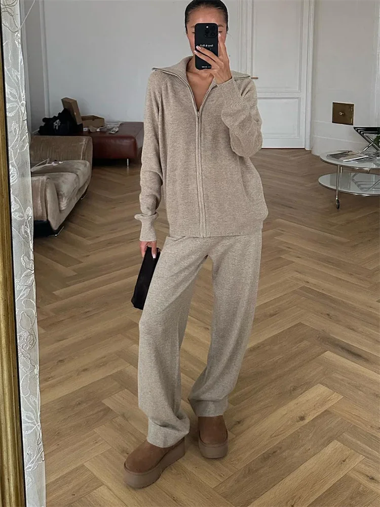

2025 Winter Knit 2 Piece-Set Women Pants Lapel Patchwork Zipper jacket Outwear And Straight Trousers Sets Female Casual Outfits