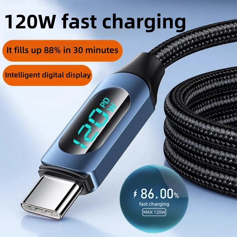 PD 120W Fast Charge USB A To Type C Data Cable For Samsung Huawei Xiaomi Oneplus Quick Charging USB-C Wire With Digital Display