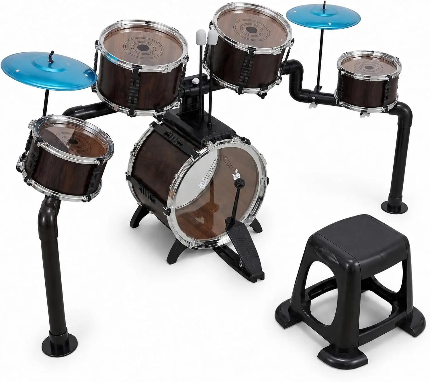 5-Piece Kids Jazz Drum Kit for Toddlers Ages 3+, Wooden Texture Musical Drum Set with Stool, 2 Cymbals & Adjustable Stands