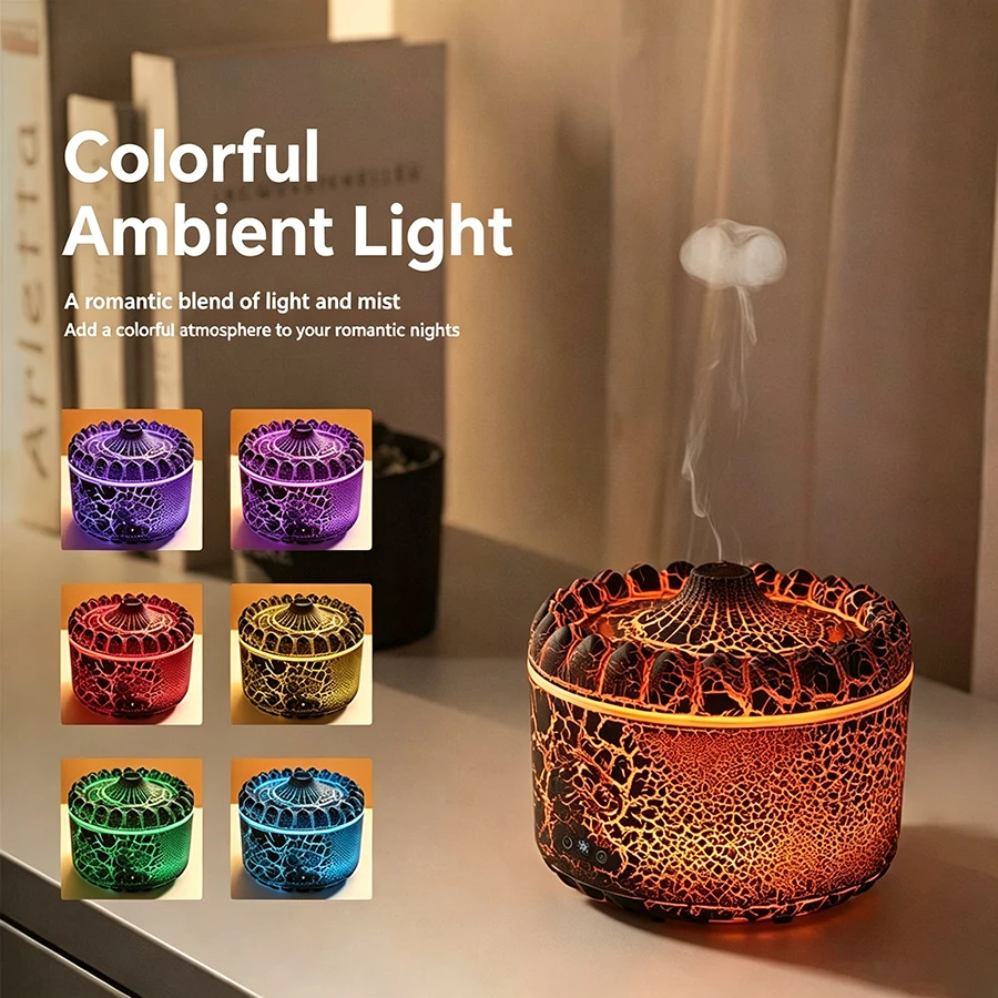 Volcano Aroma Humidifier, 7 Color Night Light, 300ml, 2-8H Timer, Dual Mist Modes, Essential Oil Diffuser, Quiet Cool Mist