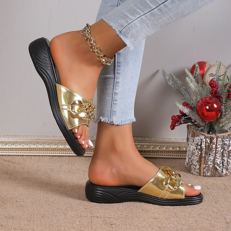 Slippers Chain Decor Summer Beach Muffin Wedges Women Sandals Platform Gladiator Female Shoes Footwear Mujer Graffiti Summer