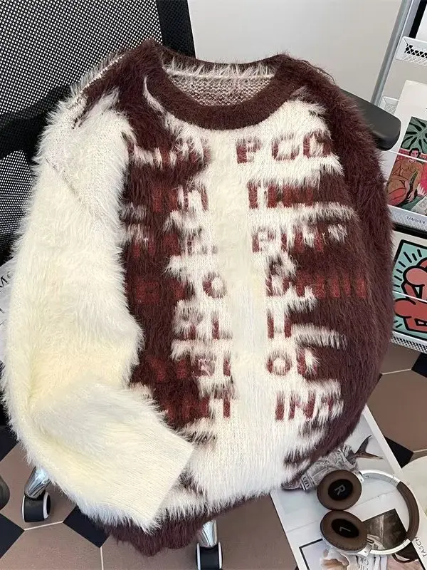 

Мужской свитер из высококачественного трикотажа с эффектом тай-дай, в стиле ретро-американский, с буквенным принтом, длинный рукав, свободный крой, круглый вырез, имитация меха норки