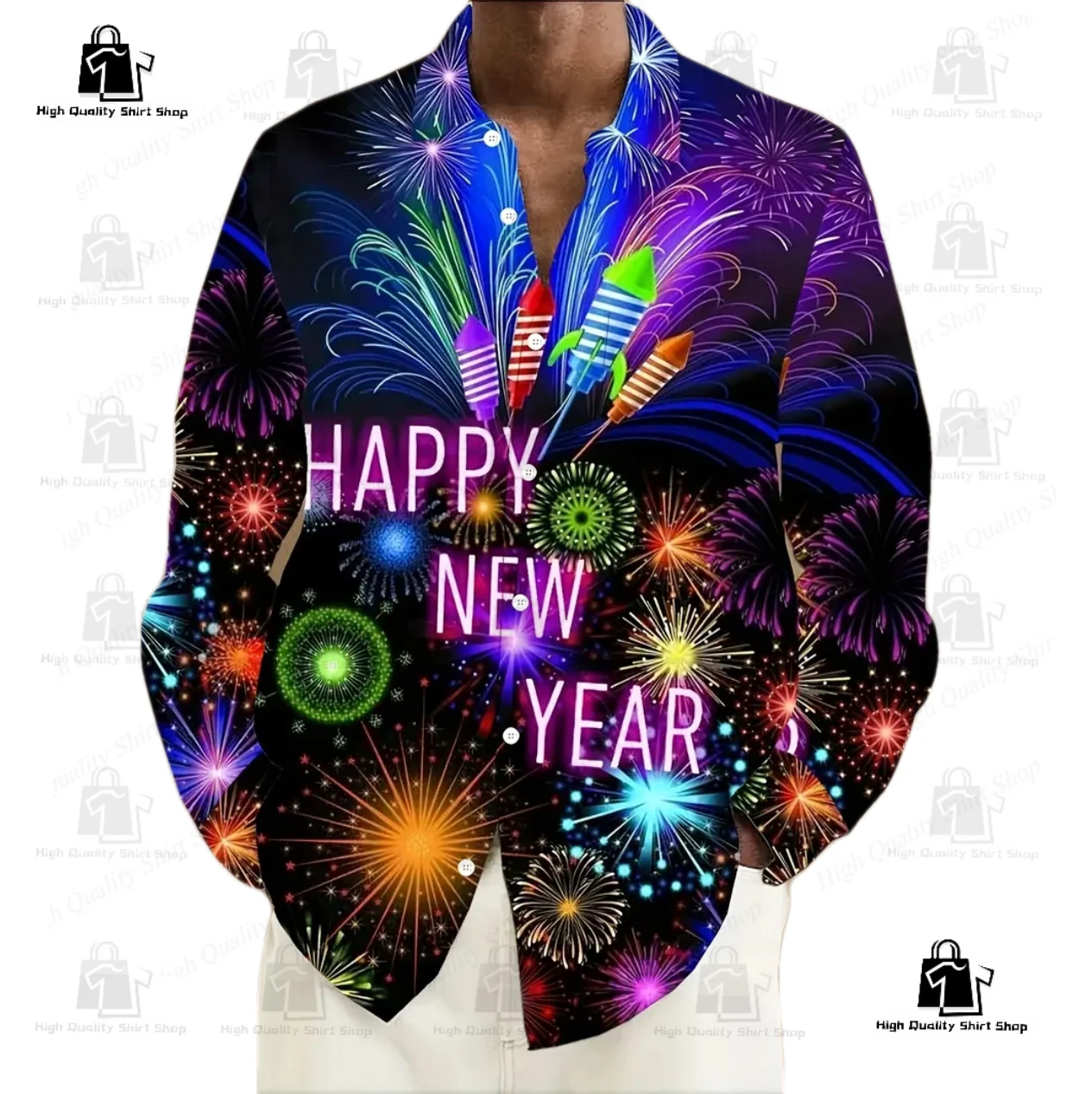 Christmas shirt fireworks graphic men\'s shirt high-definition design fashionable breathable long sleeved shirt button design