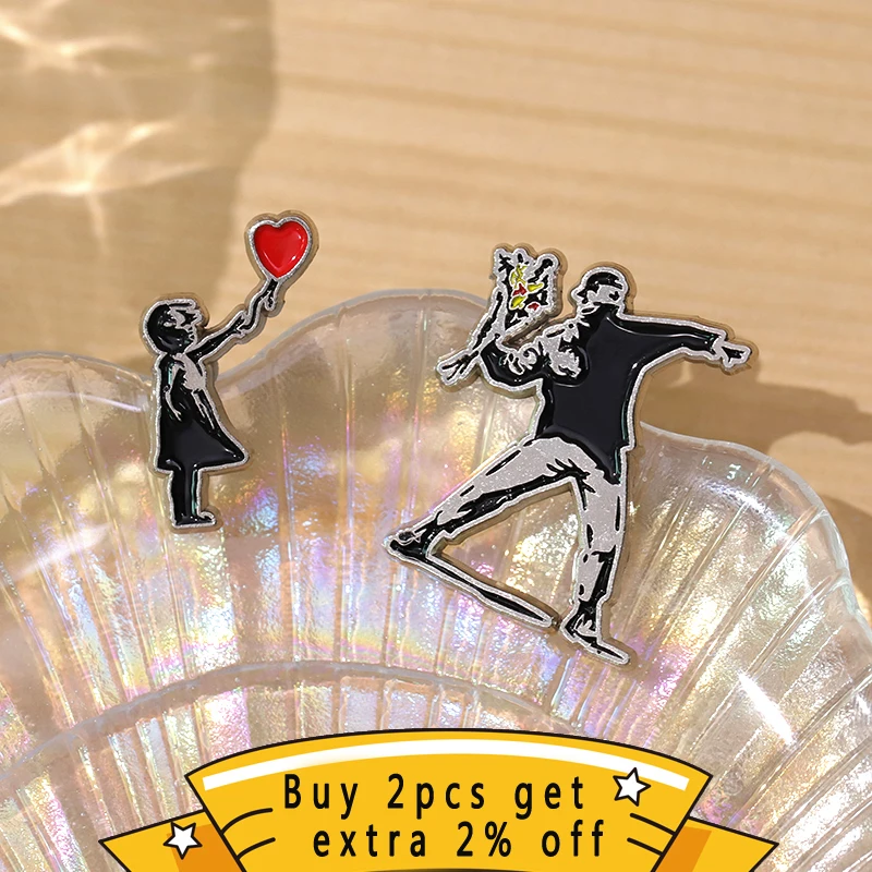 Classic Banksy Art Design Collection Enamel Pin Cool And Humorous Skater Boy Girl Brooches Badge Decoration Lapel Jewelry Gift