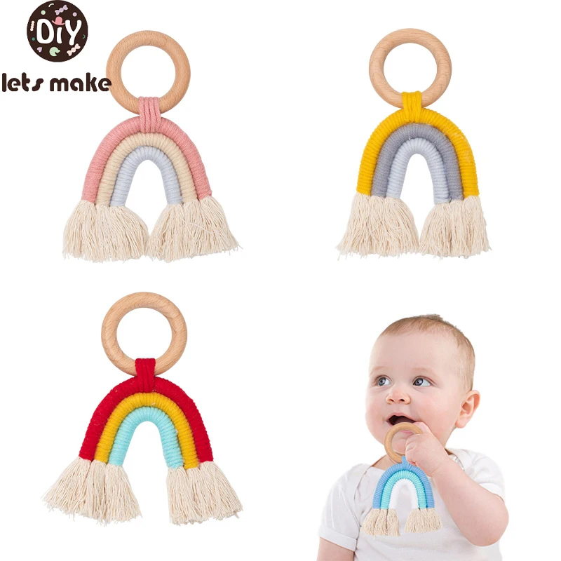 Let's Make 1pc Baby Wooden Toy Handmade Woven Cotton Rope Rainbow Stroller Pendant Teething Nursing 0-12 Months Baby Rattle Toy