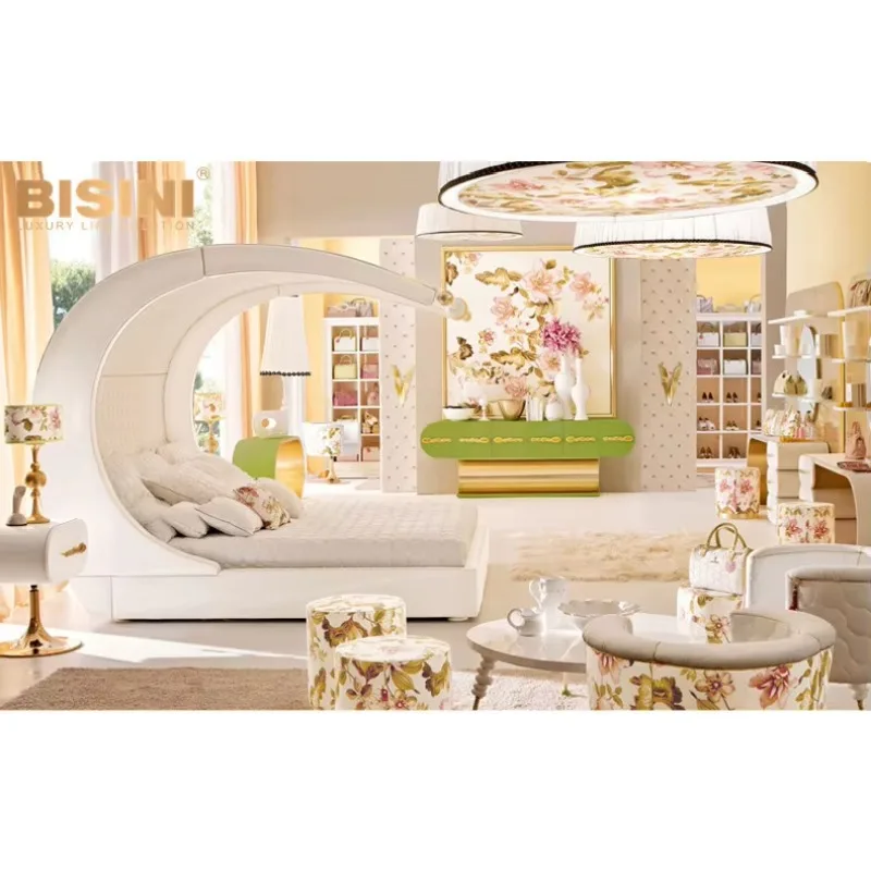 American Country Style Fancy Floral Curved Bed Creative Customized Children Bedroom Furniture Set