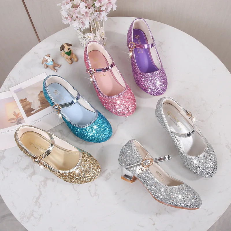 

Fashion Girls Party Shoes Glitter Children Performance Show Leather Shoes Fashion Princess High-heels Kids Sequins Single Shoes