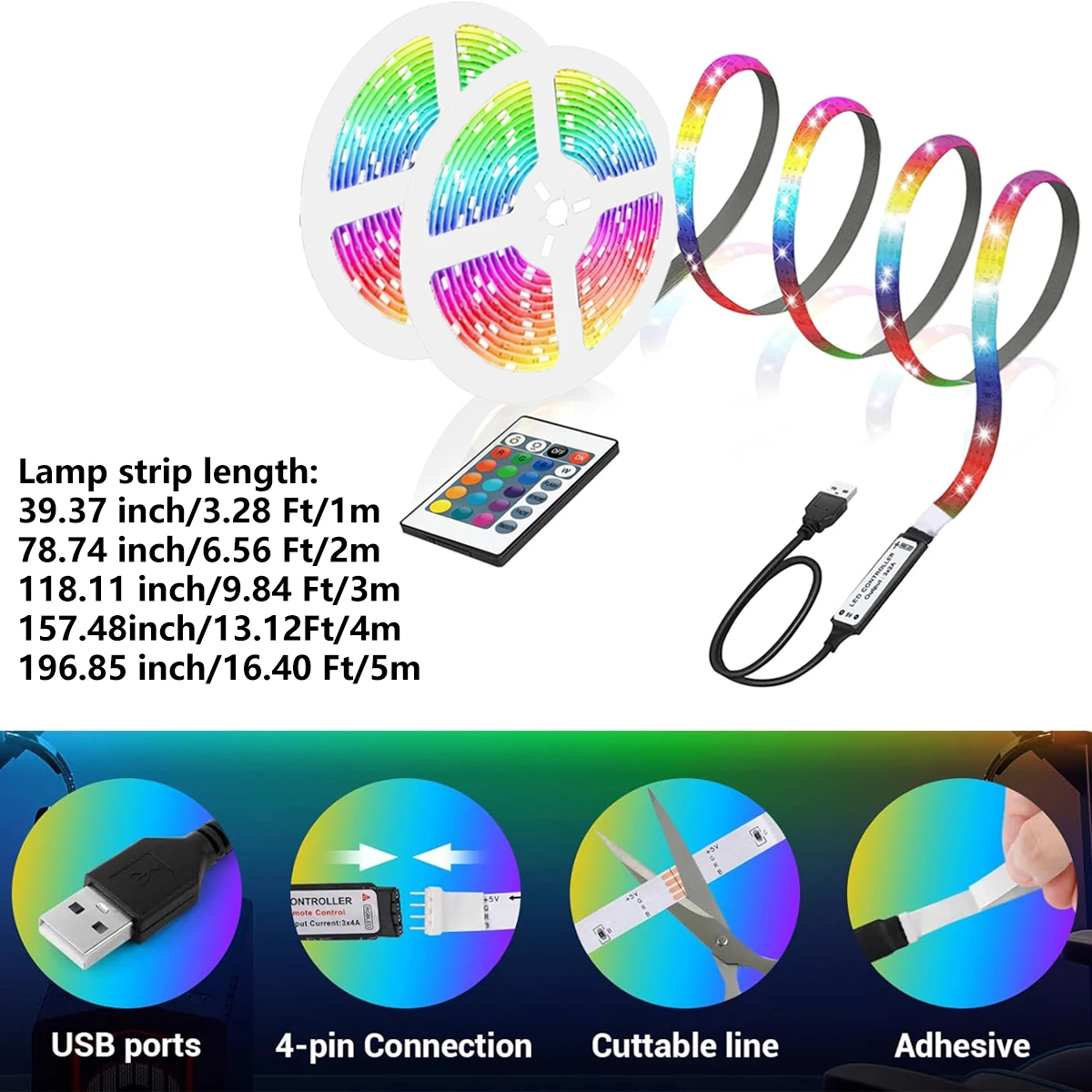 RGBLED strip, suitable for bedroom, intelligent color-changing light with remote control, adjustable color and brightness, flash