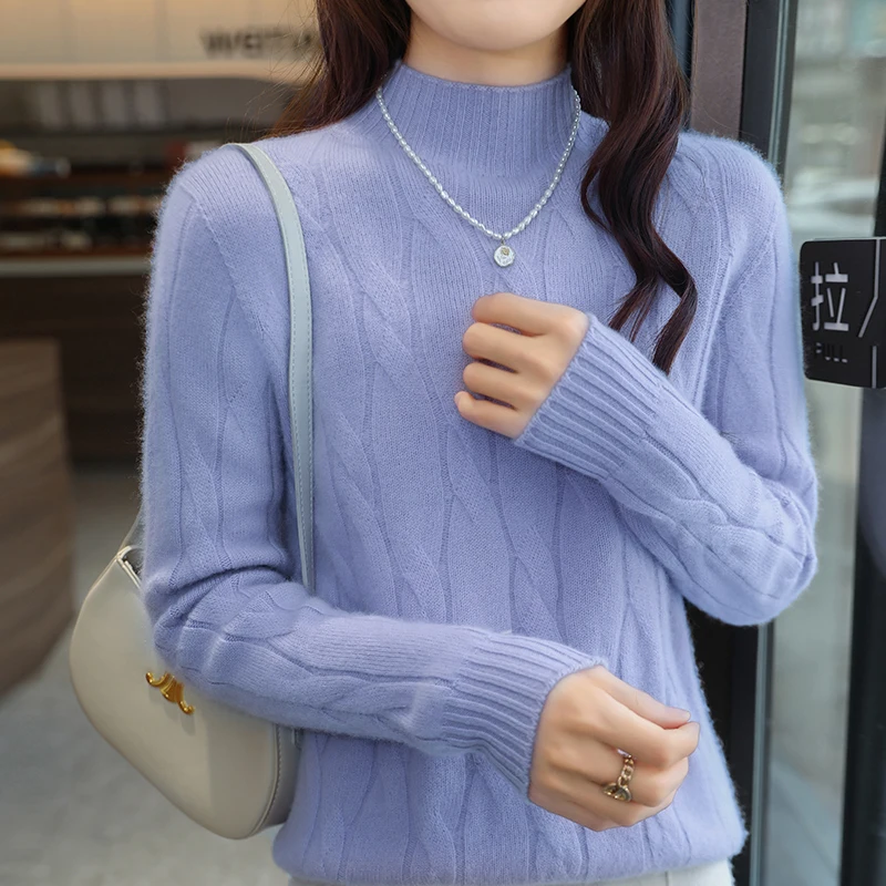 Fall/Winter new Women's sweater 100% Merino wool half turtleneck pullover Fashion whole body twisted floral warm base knit shirt