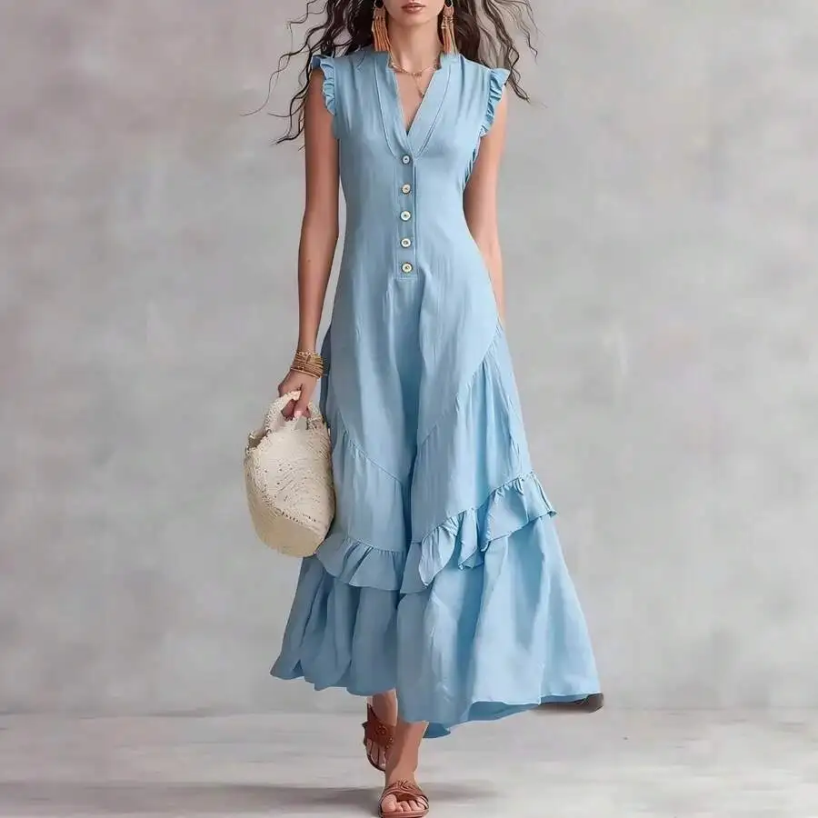 Vestido largo bohemio con cuello en V para mujer, manga corta, con botones, volantes y capas, estilo fluido