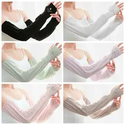 Mangas de brazo de seda de hielo para mujer, guantes de protección solar para deportes al aire libre, protección UV, guantes largos sueltos, cubierta de verano