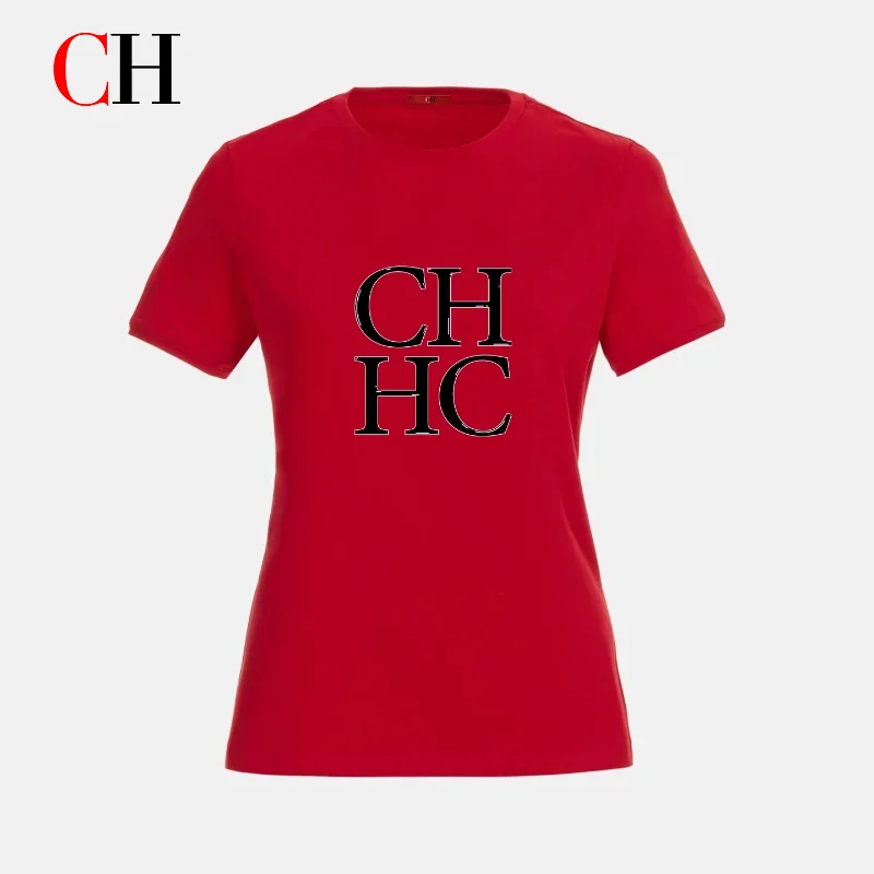 CH Fashion Letter Printed Casual Blouse Solid Color Tone Crew Neck Loose Style Light Daily Women Short Sleeve