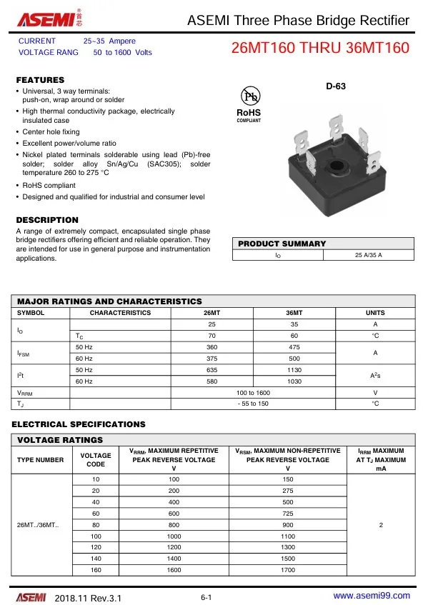 36mt120 Brug Diode Gelijkrichter 35a 1200V Asemi Gloednieuw