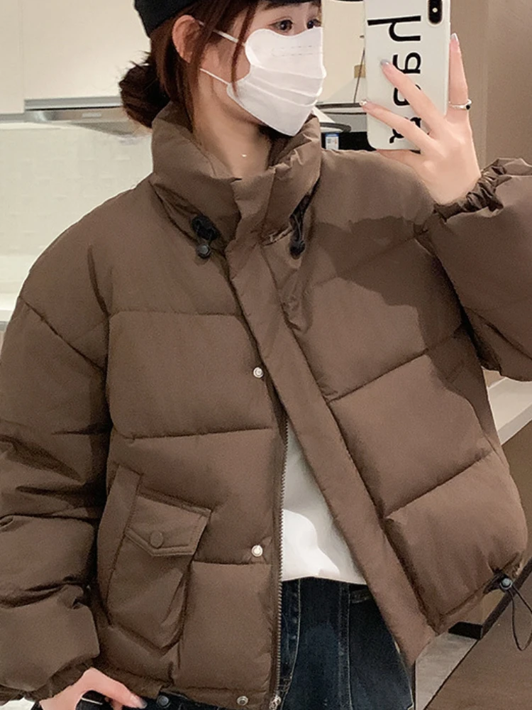 Fashion Black Down Cotton Solid Jacket Women\'s Short New Korean Version Warm Cotton Jacket Bread Winter Coat Outerwear Parkas